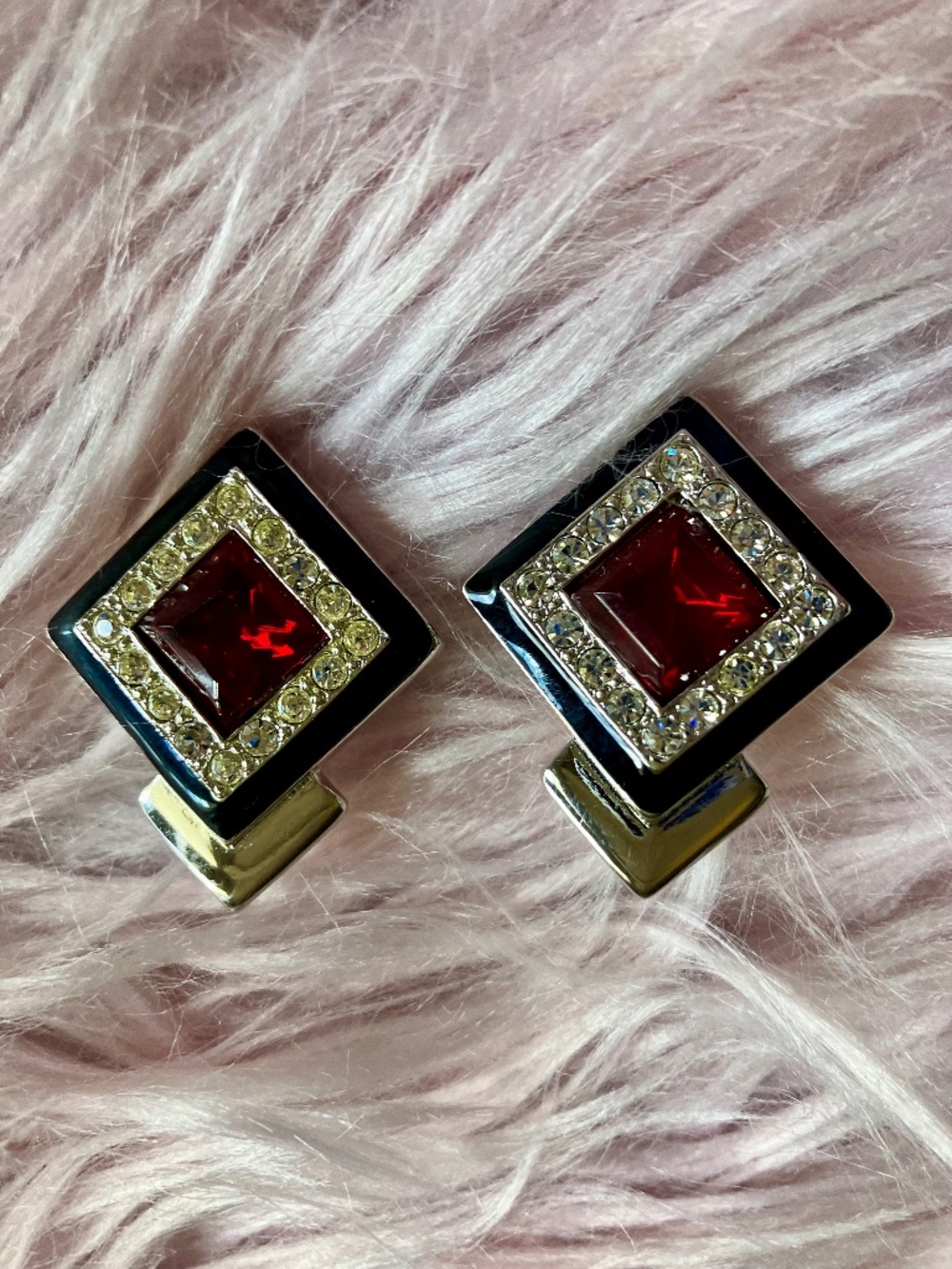 RARE Signed MONET Vintage Earrings - Ruby Red & Black Art Deco Crystal Clip-ons.